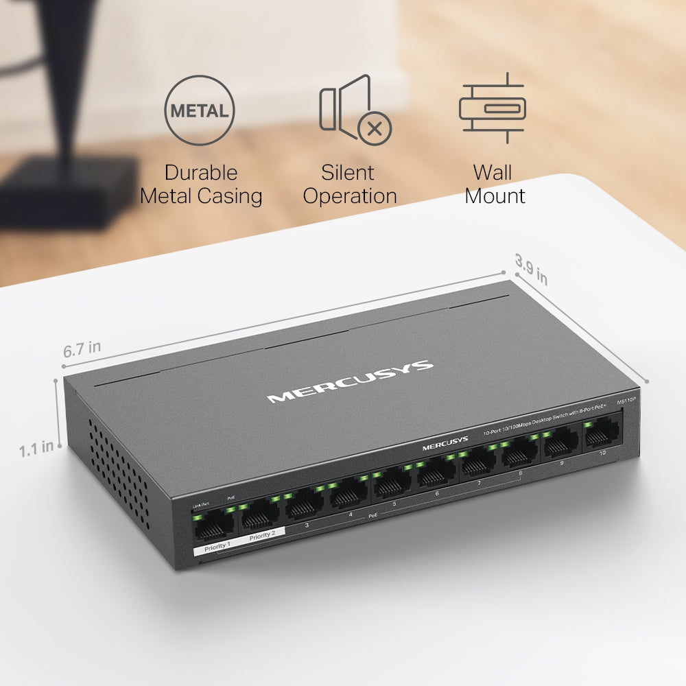Mercusys MS110P 10-Port 10/100Mbps Desktop Switch with 8-Port PoE+ Mercusys MS110P 10-Port 10/100Mbps Desktop Switch with 8-Port PoE+